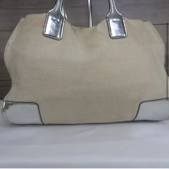 Tory Burch Small Ella Natural Canvas Silver Leather Trim Tote Bag Purse - Picture 7 of 8